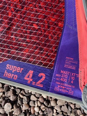 
                  
                    Load image into Gallery viewer, 2023 Duotone Super Hero 4.2 m2 (foot panel) Used windsurfing sails
                  
                