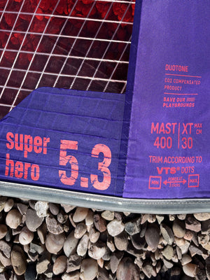 
                  
                    Load image into Gallery viewer, 2023 Duotone Super Hero 5.3 m2 (foot panel) Used windsurfing sails
                  
                