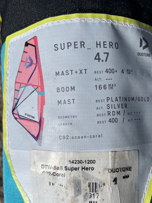 
                  
                    Load image into Gallery viewer, 2023 Duotone Super Hero 4.7 m2 (foot panel) Used windsurfing sails
                  
                