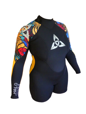
                  
                    Load image into Gallery viewer, O&amp;#39;Shea Womens Halo 3/2mm Long Arm Shorty Wetsuit - Black Tropical - 2023 Womens shorty wetsuits
                  
                