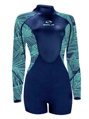 
                  
                    Load image into Gallery viewer, Sola Womens Ignite 3/2mm Long Arm Shorty Wetsuit - Navy Leaf - 2023 Womens shorty wetsuits
                  
                