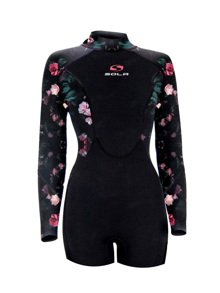 Sola Womens Ignite 3/2mm Long Arm Shorty Wetsuit - Black Floral - 2024 16 Womens shorty wetsuits