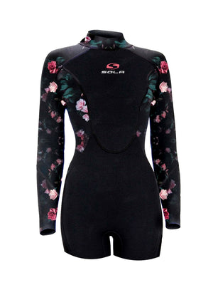 
                  
                    Load image into Gallery viewer, Sola Womens Ignite 3/2mm Long Arm Shorty Wetsuit - Black Floral - 2024 Womens shorty wetsuits
                  
                