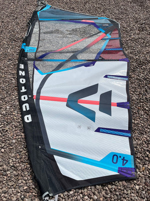 
                  
                    Load image into Gallery viewer, 2022 Duotone Super Hero 4.0 m2 white / turquoise panel repair Used windsurfing sails
                  
                