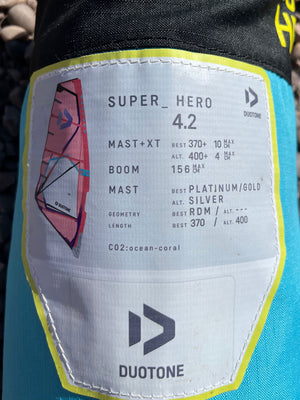 
                  
                    Load image into Gallery viewer, 2023 Duotone Super Hero 4.2 m2 (window panel) Used windsurfing sails
                  
                