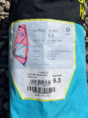 
                  
                    Load image into Gallery viewer, 2023 Duotone Super Hero 5.3 m2 (foot panel) Used windsurfing sails
                  
                